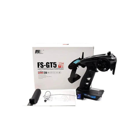 GT5 6CH AFHDS RC Transmitter With FSBS6 Receiver for RC Cars and Boats with box and accessories visible