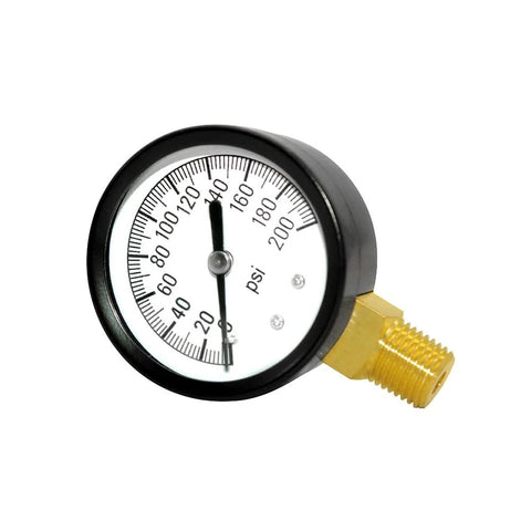 Joywayus pressure gauge, 0–200 psi, brass 1/4 in. NPT male thread, lower-mount, side view