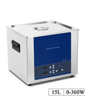 15 Liters Power Set Degassing Ultrasonic Cleaner For Lab Glassware Dental Tools Metal Auto Parts Machine in stainless steel design.