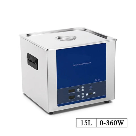 15 Liters Power Set Degassing Ultrasonic Cleaner For Lab Glassware Dental Tools Metal Auto Parts Machine in stainless steel design.