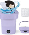 Portable Mini Washing Machine, 10 5 Liter Foldable Compact Laundry Spin Dryer With Quick Timer in purple with clothes and basket.