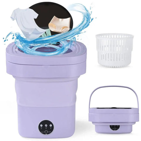 Portable Mini Washing Machine, 10 5 Liter Foldable Compact Laundry Spin Dryer With Quick Timer in purple with clothes and basket.