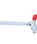 Heavy Duty Vertical Toggle Clamp With Quick Release For Industrial Woodworking And Metalworking Projects, Lengthened Fixture Fastening, Galvanized Iron Construction, Durable Workholding Tool Built Tough As Nails To Last Through Rough Jobs, shown from side with red handle.