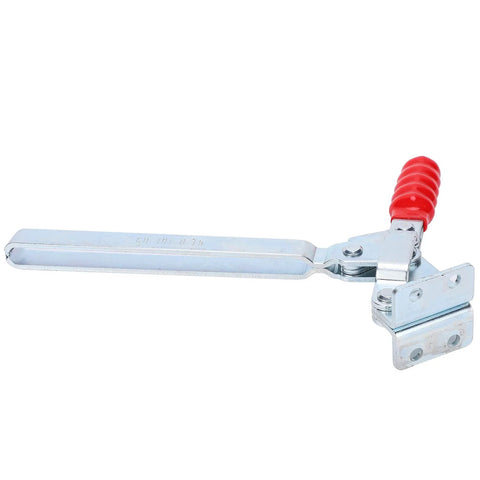 Heavy Duty Vertical Toggle Clamp With Quick Release For Industrial Woodworking And Metalworking Projects, Lengthened Fixture Fastening, Galvanized Iron Construction, Durable Workholding Tool Built Tough As Nails To Last Through Rough Jobs, shown from side with red handle.