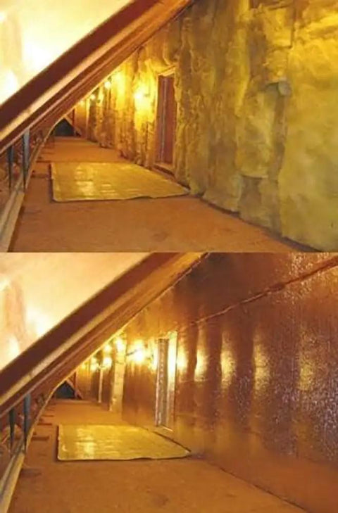 Double Sided Reflective Foam Insulation Roll That Blows Away Utility Bills Blocks Radiant Heat Quick Peel Hang For Attics Walls And Crawlspaces R8 Rated Ultra Thick Five Millimeter Core Seventy Two By Two Hundred Feet Made In Usa installed in an attic.