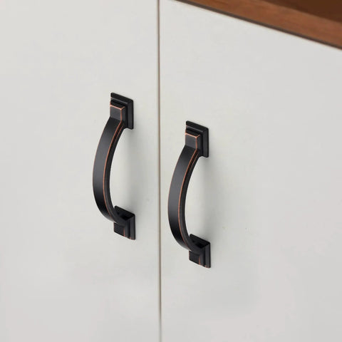 Oil Rubbed Bronze Cabinet Pulls 3 Inch Center 4.4 Inch Overall Length 10 Pack Zinc Kitchen Cabinet Handles on white cupboards