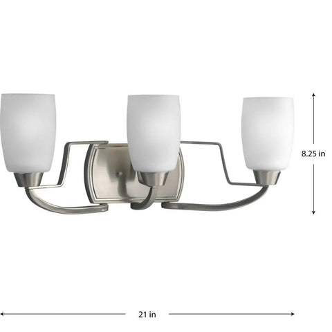 Three Light Sleek Modern Bath Vanity Light With Etched Glass In Brushed Nickel Transitional Style Dimmable Fixture 21x8.25 inches
