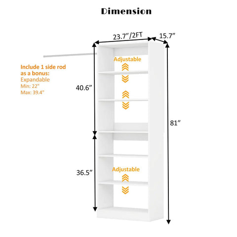 Heavy Duty Adjustable Closet Organizer With Six Roomy Shelves And One Durable Hanging Rod dimensions diagram.