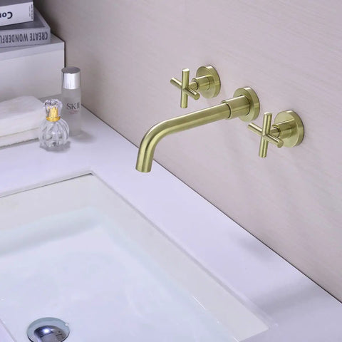 Brushed Gold Brass Wall Mount Bathroom Faucet With Two Cross Handles No Fuss Rough In Valve One Quarter Turn Ceramic Cartridge 360 Degree Rotating Spout Reaches 208mm Built To Last
