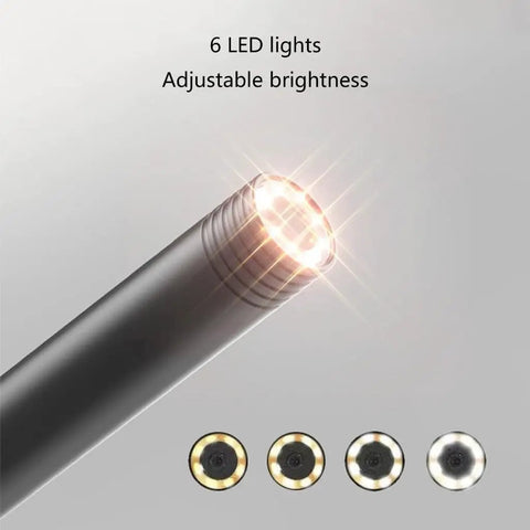 Close-up of Dual Lens Endoscope Camera With Light, showcasing 6 adjustable LEDs on the probe tip for illumination.