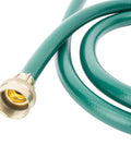 Close-up of 5 Foot Garden Dehumidifier Drain Hose With Green Rubber Finish showing brass connector and flexible green hose