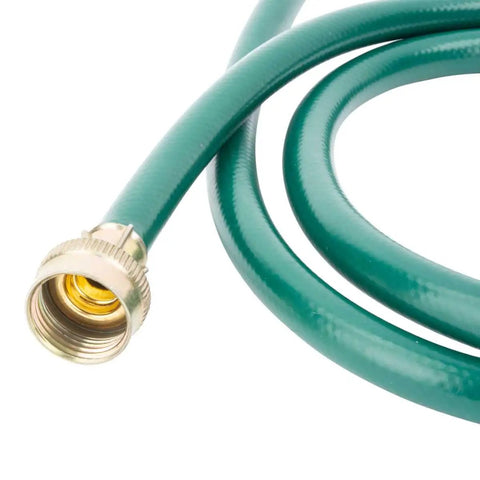 Close-up of 5 Foot Garden Dehumidifier Drain Hose With Green Rubber Finish showing brass connector and flexible green hose