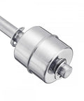Stainless steel water level sensor float switch for vertical mounting, close-up view, liquid level controller for tanks and pumps