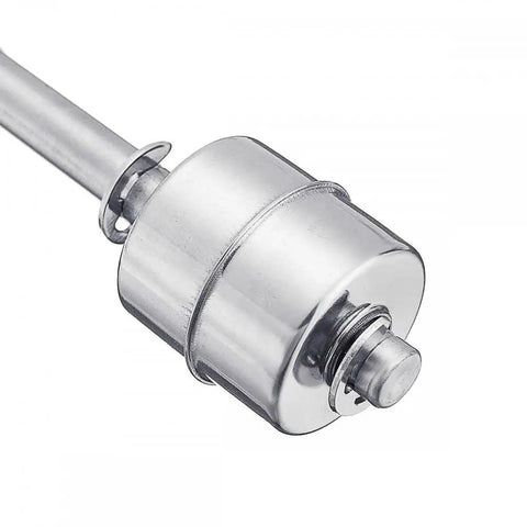 Stainless steel water level sensor float switch for vertical mounting, close-up view, liquid level controller for tanks and pumps