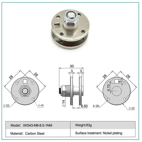 Technical diagram and top view of 360 Degree Rotating Damping Shaft Disc Type Rotary Damper with Adjustable Angle Stop Mechanism, Carbon Steel