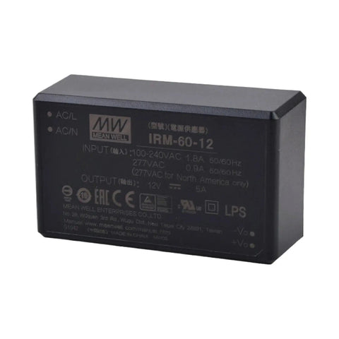 Ultra Compact 60W 12V 5A AC to DC Power Supply Module for PCB or Chassis Mounting, Global 85-305VAC Input, 12V Regulated Output, Space Saving Mini Converter With Optional Screw Terminals for Easy Integration. black Mean Well IRM-60-12 AC-DC module