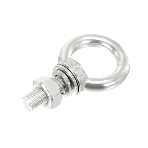 Stainless Steel Loop Bolts Set M10x30mm With Hex Nuts Flat Washers And Spring Washers Shoulder Eye Bolts For Hangin And Fastenin Long Thread 8 Piece Kit With Lock Nuts, single eye bolt close-up