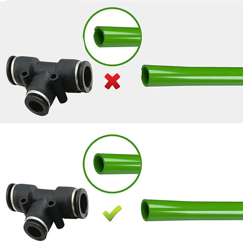 3/8 Inch Push To Connect Tee Air Line Fittings Kit with Quick Connect Pneumatic Fittings shown with green hose