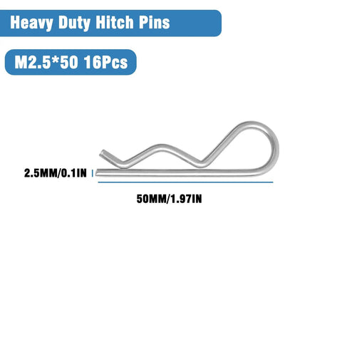Heavy Duty Cotter Pins Kit 16 Piece 2.5mm By 50mm R Clips for Trailer Hitch Tractors Mowers Carts Trucks, galvanized steel