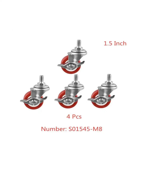 Four Piece Set Furniture Casters With Screw Brake Swivel Wheel M8 Thread Red PVC 38mm Diameter Silent Rolling Castors