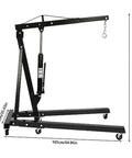 Heavy Duty Folding Engine Crane, 2 Ton Hydraulic Shop Cherry Picker with rubber tires, dimensions shown.