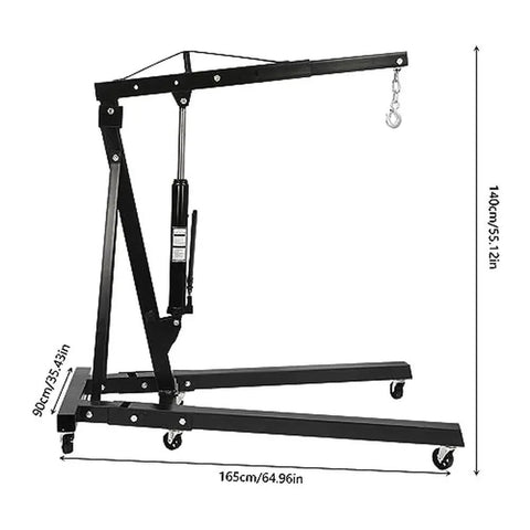 Heavy Duty Folding Engine Crane, 2 Ton Hydraulic Shop Cherry Picker with rubber tires, dimensions shown.