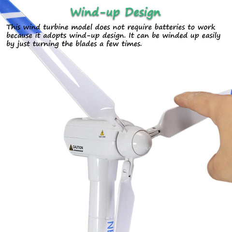 Close-up of a hand interacting with a Wind Turbine Toy Clockwork Generator Model STEM Science Kit For Kids And Makers.