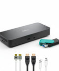 Next Level Thunderbolt 5 Smart Dock Multiport Hub with HDMI, DP cables, and flash drive for versatile workstation setup.