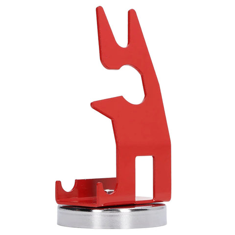 Solid Welding Torch Holder With Super Strong Magnetic Base keeps MIG tool secure on steel workbenches, red metal design.