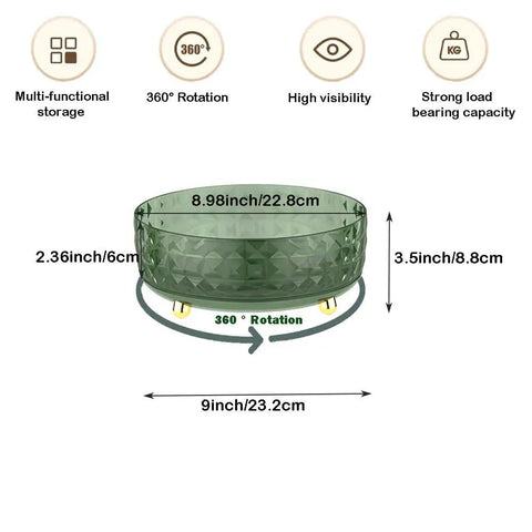 9 Inch Lazy Susan Turntable One Tier Spinning Organizer dark green showing dimensions and 360° rotation capability