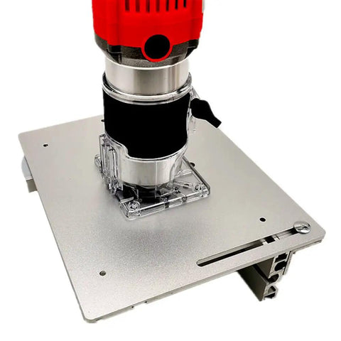 Heavy Duty Aluminum Router Table Insert Plates 3 Pack For Low Sweat Wood Milling And Crisp Trimming Operations With Knockout Durability And Bang On Target Miter Gauge Fit with visible router.