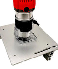 No Nonsense Aluminum Router Table Insert Plates Set Of Three Heavy Duty Woodworking Flip Boards With Crisp Marking Lines For Hassle Free Router Trimming And Straight Up Clean Milling, with router mounted on silver plate.
