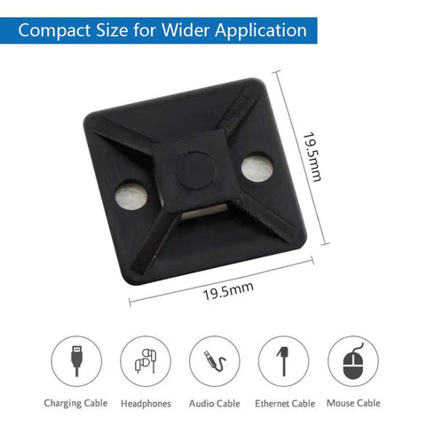 Self Adhesive Cable Tie Mounts With 3M Strong Adhesive Backing No Fuss Way to Manage Cables Small 19.5mm By 19.5mm Black