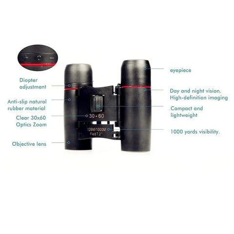 Compact 10x Magnification Folding Binoculars With Wide View For Bird Watching, Low Light Night Vision, Totally Great For Camping, Hiking, Traveling And Outdoor Adventures. Black 30x60 binoculars with rubber grip