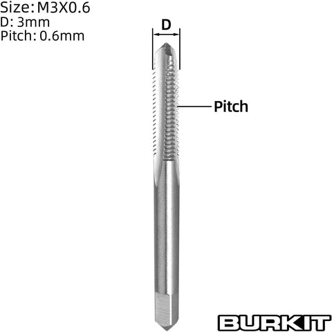 Two Pack M3 X 0.6 Right Hand Thread Tap HSS M2 6542 High Speed Steel Straight Fluted Machine Tap shown with size and pitch measurements