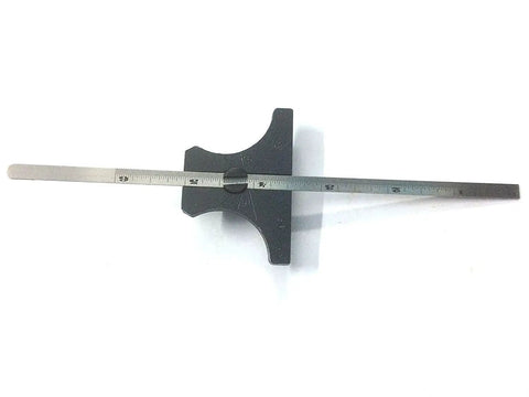 6 Inch Depth Gauge With 150 Mm Metric And Imperial Standards For Engineering Pro Grade Quick Hole And Groove Measurements Steel Gunmetal Base With Adjustable Rule showing ruler and base