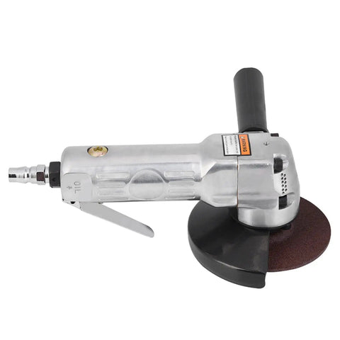 Heavy Duty Pneumatic Angle Grinder With Rock Solid 100mm Sanding Pad Delivers 11000rpm For Crushing Deburring Metal Polishing And Fast Workshop Finish Work On Steel And Aluminum Surfaces Like A Champ, side view with 100mm sanding pad.