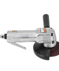 Badass Pneumatic Angle Grinder 11000 RPM Knockout Grinding And Polishing Tool Built Tough With Durable Aluminum Alloy Body and Feather Weight Design. Side view of pneumatic angle grinder with metal frame.