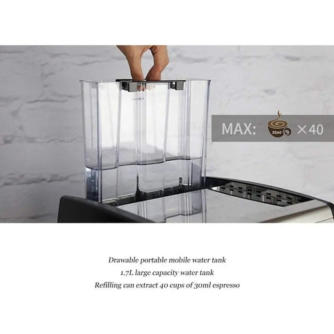 Game Changer On The Counter With This Silver Espresso Coffee Machine Pushing Bold Shots And Velvety Milk Froth With Zero Drama Using Rapid Heat System For Smooth Cappuccinos Anytime, showing the 1.7L portable water tank.