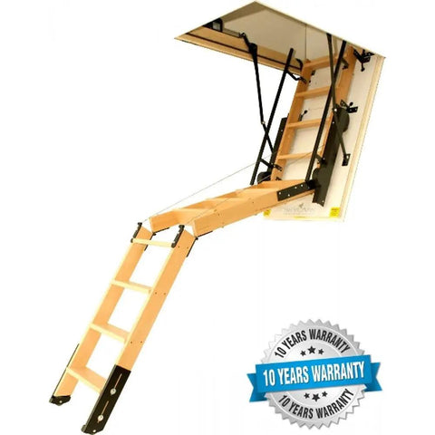 Premium Electric Attic Lift Stairs With No Sweat Remote Control Built Rugged Beech Wood Frame For Homes 7 Feet 10 Inches To 9 Feet 6 Inches Tall showing fully extended ladder.