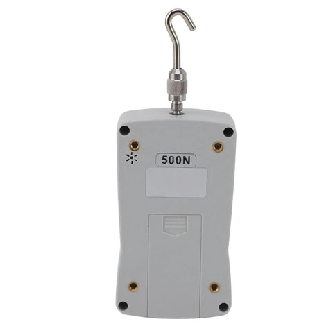 Portable Push Pull Force Gauge For Quick Tension Testing Battery Powered Mini Dynamometer With Built In Sensor 50 To 500N Compact Digital Load Tester For Material Science QC And Product Development, 500N hook top, gray aluminum body