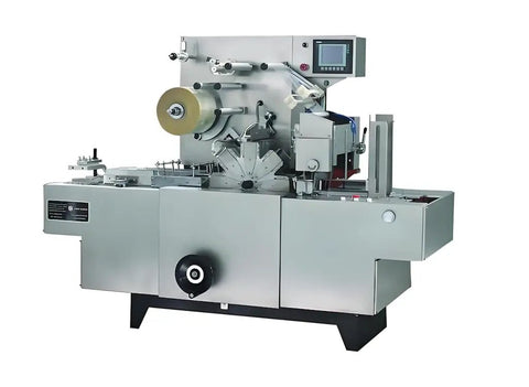 Automatic Transparent Shrink Wrap Machine For Perfume Cartons And Long Boxes with control panel and film roll holder.