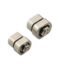 Damping hinge shafts, two small silver metal components for 360-degree rotation.