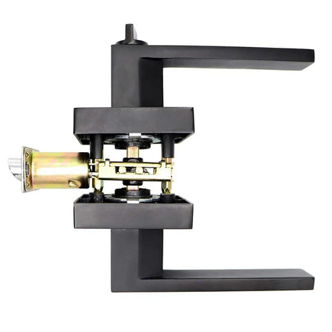 Privacy Door Lever With Lock Matte Black Door Handle Set for interior doors, showing side view and internal mechanism.