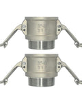 Pair of 2-inch Type B stainless steel Camlock hose adapters with male NPT threads and lever arms