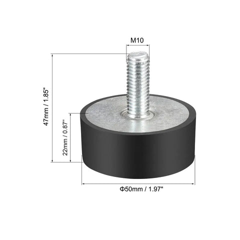 Robust M10 Rubber Vibration Mounts With Heavy Duty Steel Studs 50X20Mm Cylindrical Shock Absorbers on a measurement diagram.