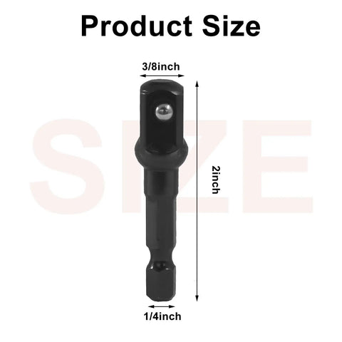 Close-up of Three Eighths To One Quarter Socket Adapter Kit Fifty Millimeter Long Black Steel Impact Extensions, size details shown
