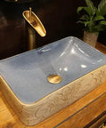 USZWBY Vessel Sinks Vessel Sink Lotus Pattern Art Countertop Basin Rectangular Ceramic Washbasin modern blue design with gold details