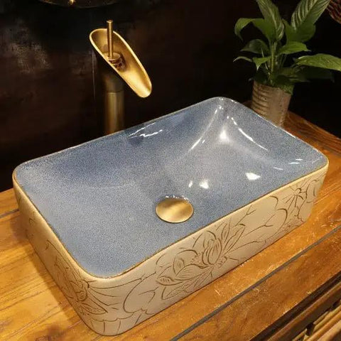 USZWBY Vessel Sinks Vessel Sink Lotus Pattern Art Countertop Basin Rectangular Ceramic Washbasin modern blue design with gold details