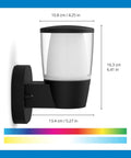 Smart Outdoor LED Porch Light With 16 Million Colors, No Hub Needed, Works With Alexa And Google Assistant, Bluetooth Ready, 950 Lumens, Easy Setup Via WiFi, 1 Pack shown with dimensions and color options.